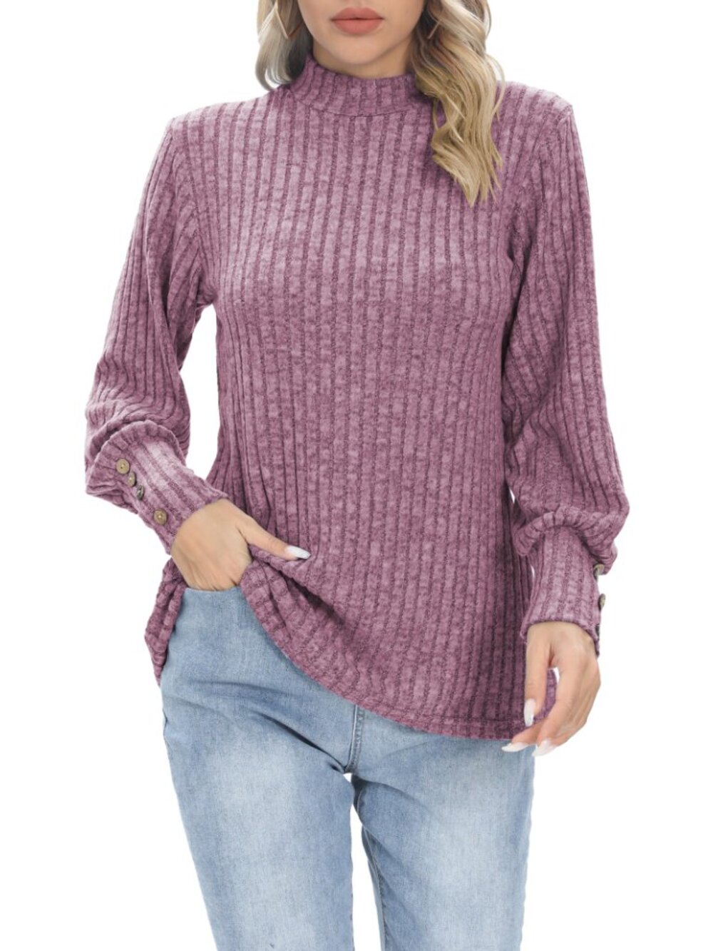 🆕 Women's Fall Fashion Mock Neck Puff Long Sleeve Pullover Knitted Casual - Picture 6 of 6